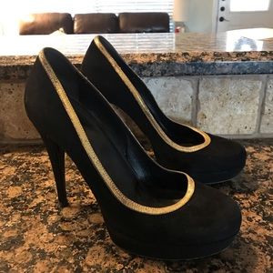 GUCCI Black Suede Gold-Rim Heels, 7.5